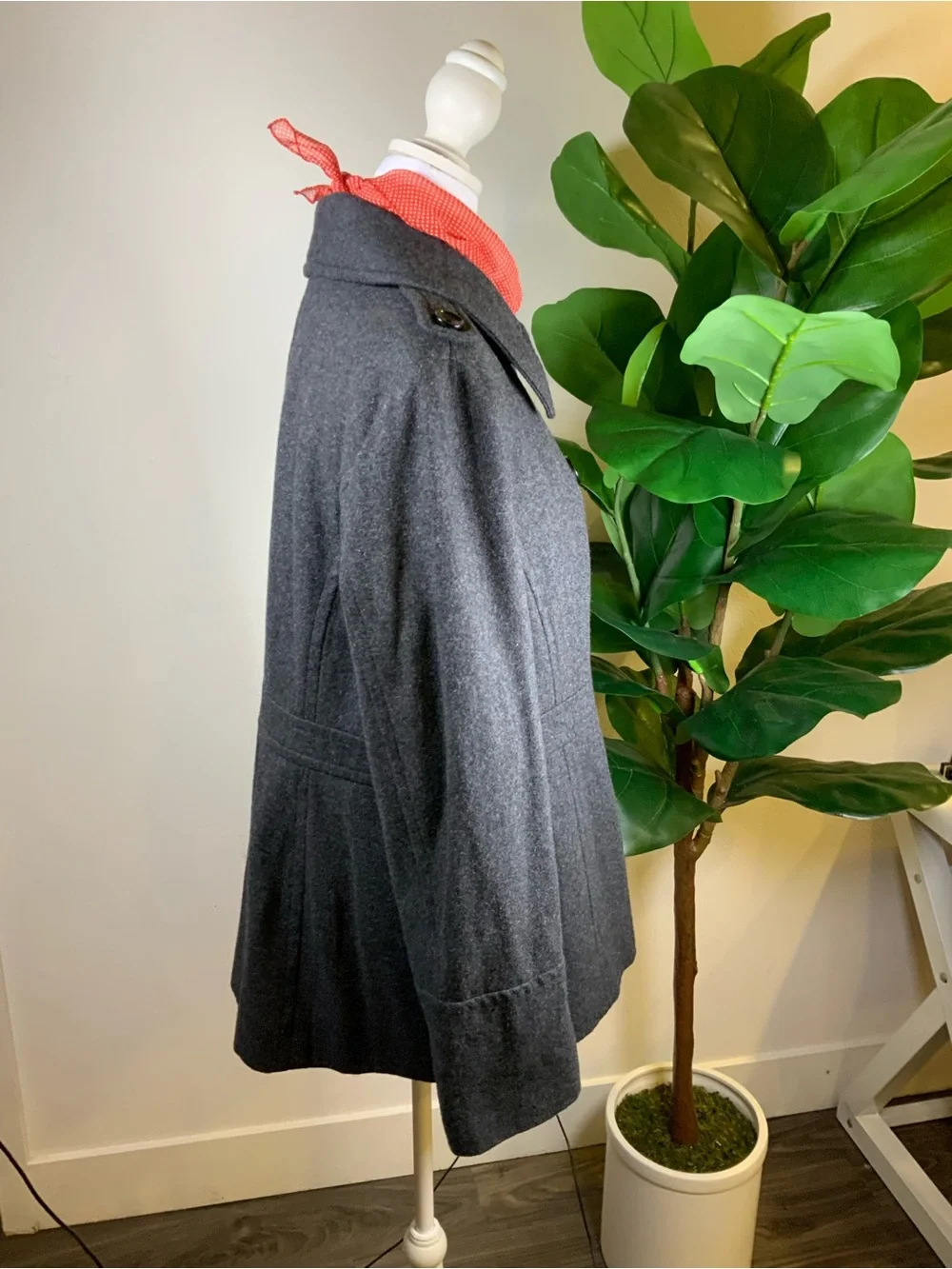 Michael Kors Charcoal Double-Breasted Peacoat with Red Scarf